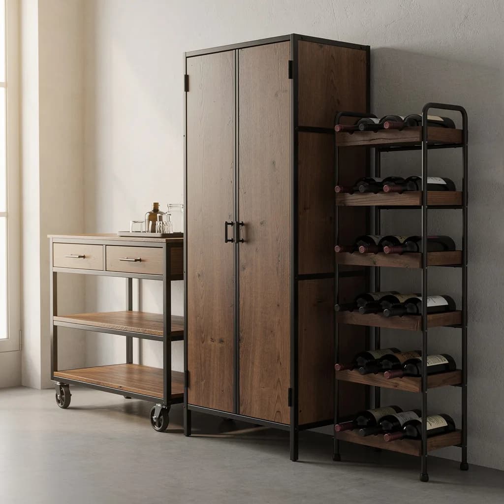 Industrial-Möbelgruppe aus hohem Holz-Metall-Schrank, rollendem Servierwagen und Weinregal mit Flaschen.