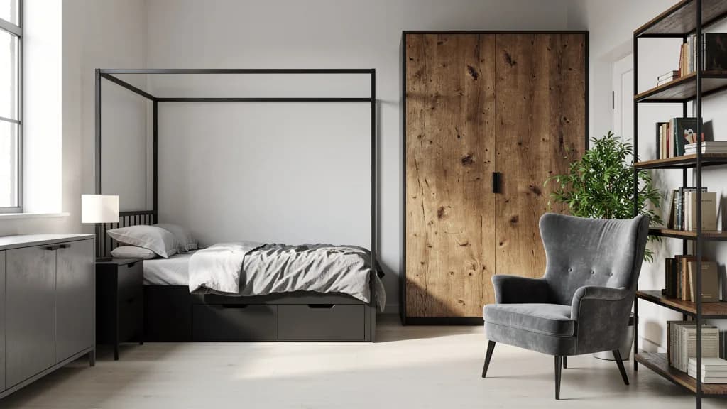 Industrial Gästezimmer mit schwarzem Metallbett, Eichenschrank, grauem Sessel und offenem Bücherregal