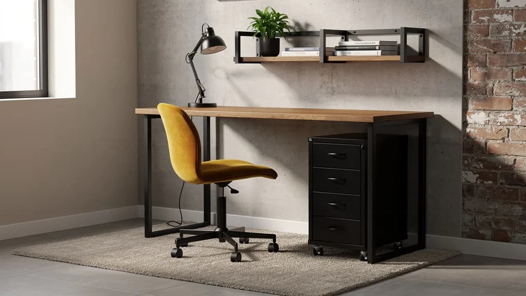 Industrial Homeoffice-Ecke im Wohnzimmer mit Holzschreibtisch auf schwarzen Metallbeinen, senfgelbem Drehstuhl, schwarzem Rollcontainer und einem Wandregal über dem Tisch.