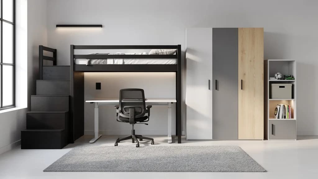 Industrial Kinderzimmer mit schwarzem Metall-Hochbett, Schreibtisch darunter, grauem Kleiderschrank und grauem Teppich.
