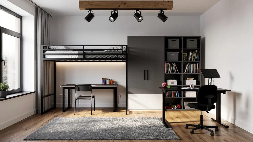 Industrial Kinderzimmer mit schwarzem Metall-Hochbett, grauem Schrank, Anthrazit-Bücherregal und schwarzem Schreibtisch auf Holzboden.