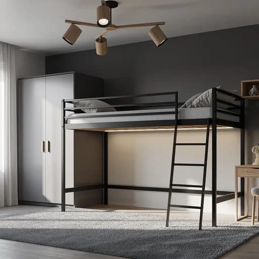 Schwarzes Metall-Hochbett mit Leiter und LED-Leiste, daneben grauer Kleiderschrank und eine hölzerne Deckenleuchte mit Spots.
