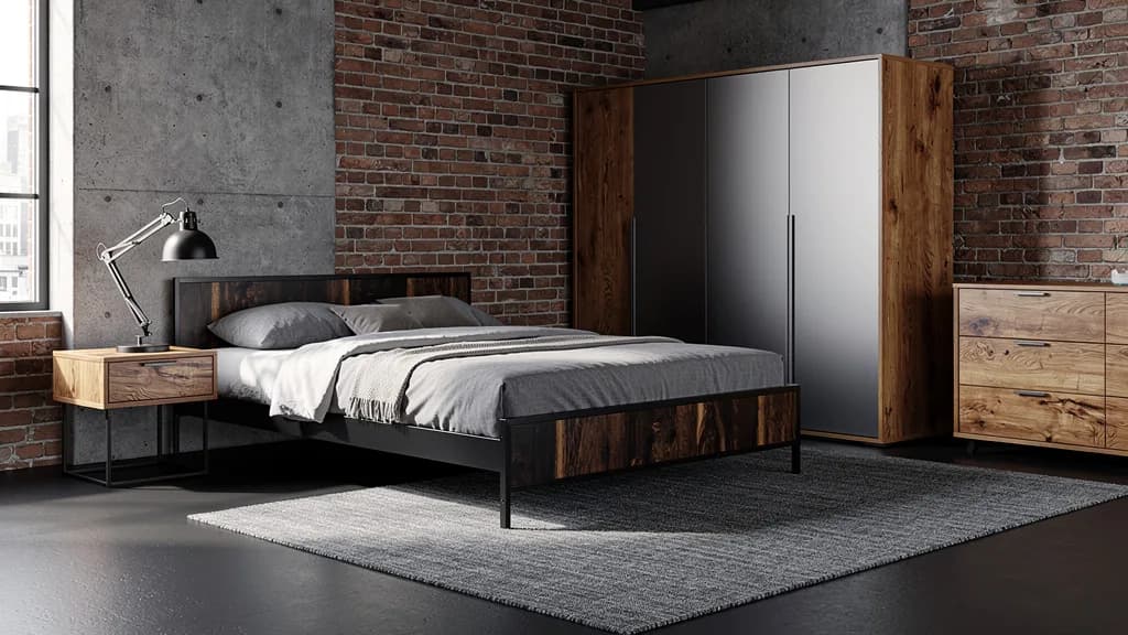 Industrial Schlafzimmer mit schwarzem Metallbett, grauem Drehtürenschrank in Eiche und grauem Teppich vor einer Ziegelwand.
