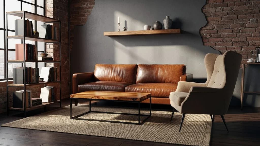 Industrial-Vintage Wohnzimmer mit Cognac-Ledersofa, beigem Vintage-Hochlehnsessel, Holz-Metall-Couchtisch und schwarzem Metallregal vor Ziegelwand.