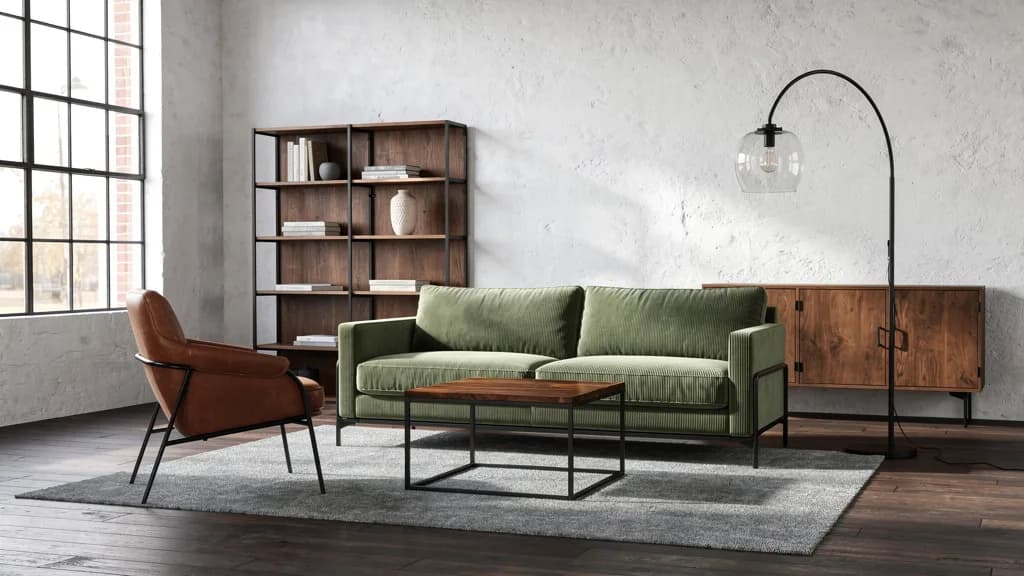 Industrial Wohnzimmer mit grünem Cordsofa, braunem Ledersessel, Holzregal und schwarzer Bogenleuchte