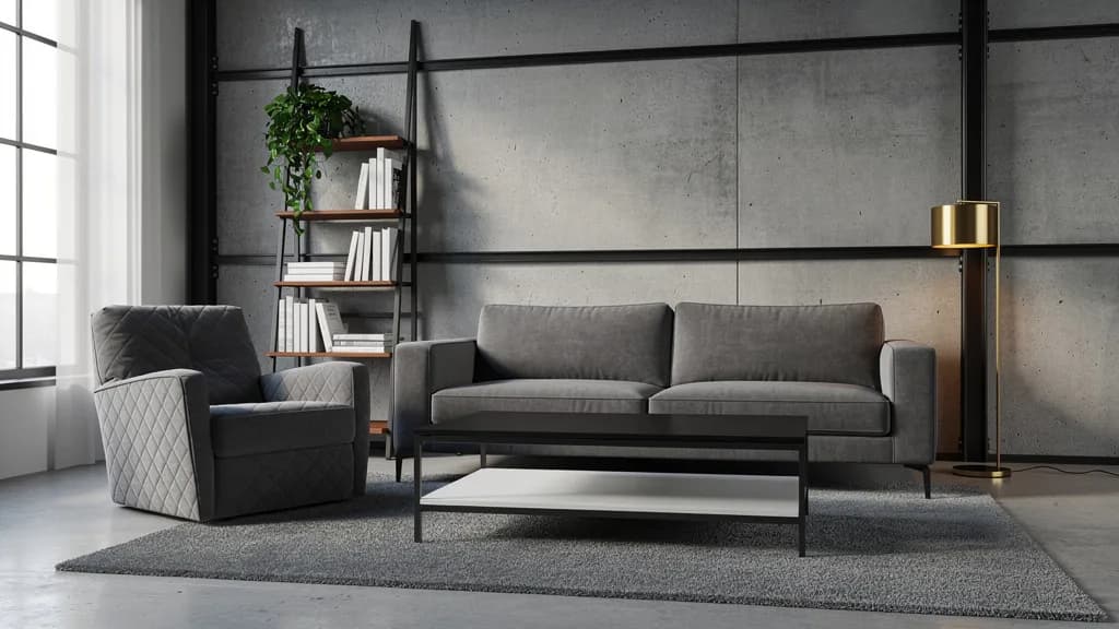Industrial Wohnzimmer in Beton-Grau mit grauem Sofa, schwarzem Leiterregal, Messing-Stehlampe und schwarz-weißem Loft-Couchtisch.
