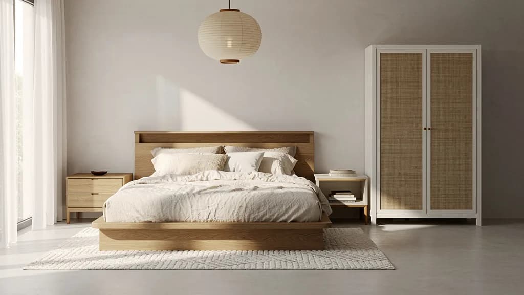 Japandi Schlafzimmer mit niedrigem Massivholzbett, runder Reispapierleuchte und weißem Kleiderschrank mit Rattantüren über hellem Betonboden.