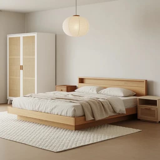 Blick auf den weißen Kleiderschrank mit Rattanfronten, das flache Holzbett und zwei unterschiedliche Nachttische auf cremefarbenem Teppich.