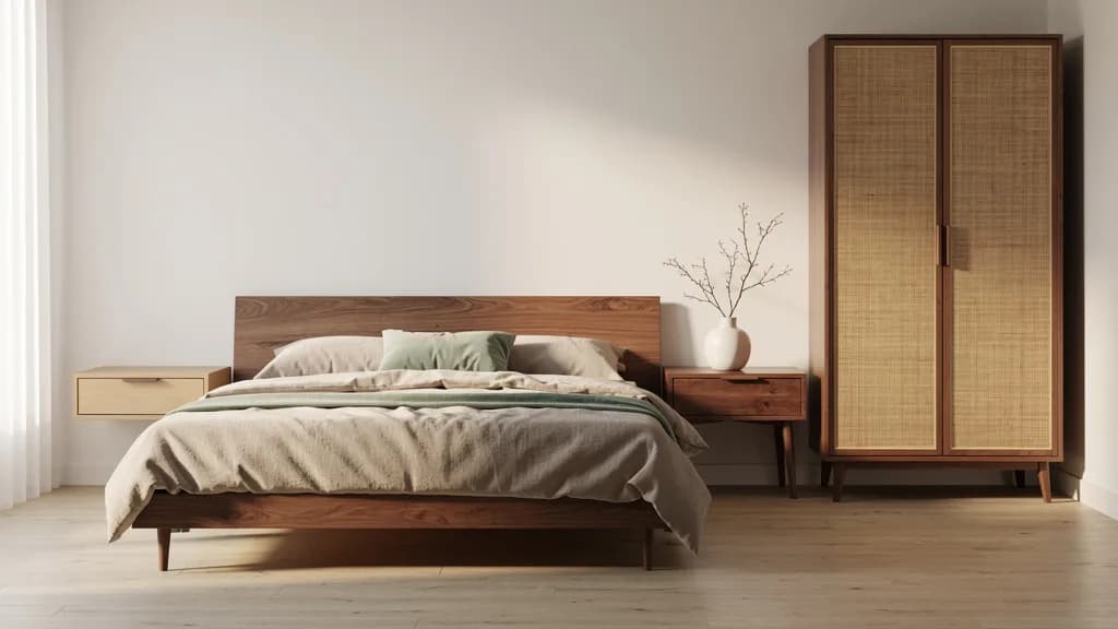 Japandi-Schlafzimmer mit niedrigem Nussbaumbett, beiger Leinenbettwäsche und einem Kleiderschrank mit Rattanfronten.