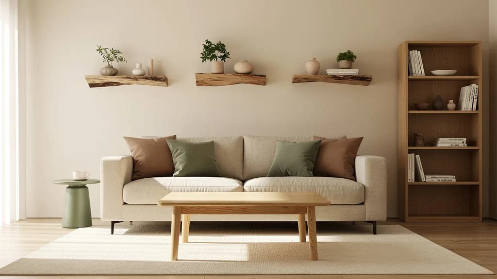 Japandi Wohnzimmer mit beigem Leinensofa, Eiche-Couchtisch und drei Holzregalen mit Baumkante an cremefarbener Wand