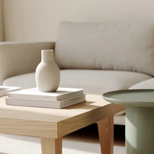 Detail des Eiche-Couchtischs mit Büchern und cremefarbener Keramikvase vor dem beigen Leinensofa