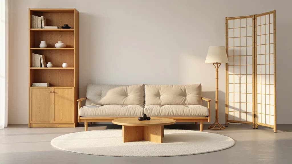 Japandi Wohnzimmer mit beigem Futonsofa, Eichenregal, rundem Couchtisch und Bambus-Paravent