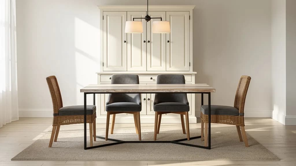 Landhaus-Esszimmer mit weiß-beigem Massivholztisch, grauen Samtstühlen, weißer Anrichte und warmweißer Pendelleuchte in hellen Cremetönen.