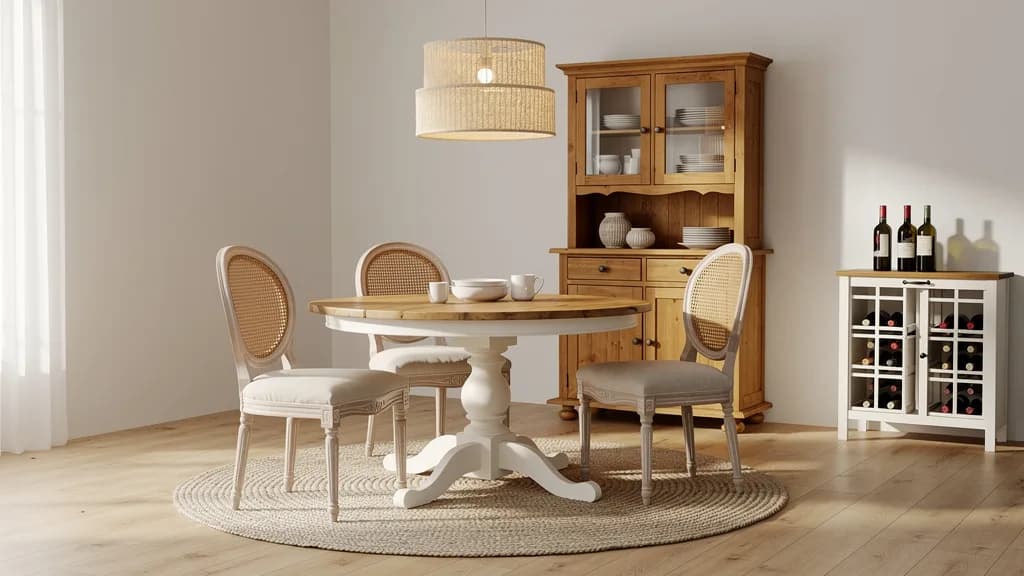 Rundes Landhaus-Esszimmer mit Pinientischplatte auf cremeweißem Säulenfuß, vier Stühlen mit Rattanlehne, honigfarbenem Kiefernbuffet mit Glastüren, weißem Weinregal und rundem Juteteppich