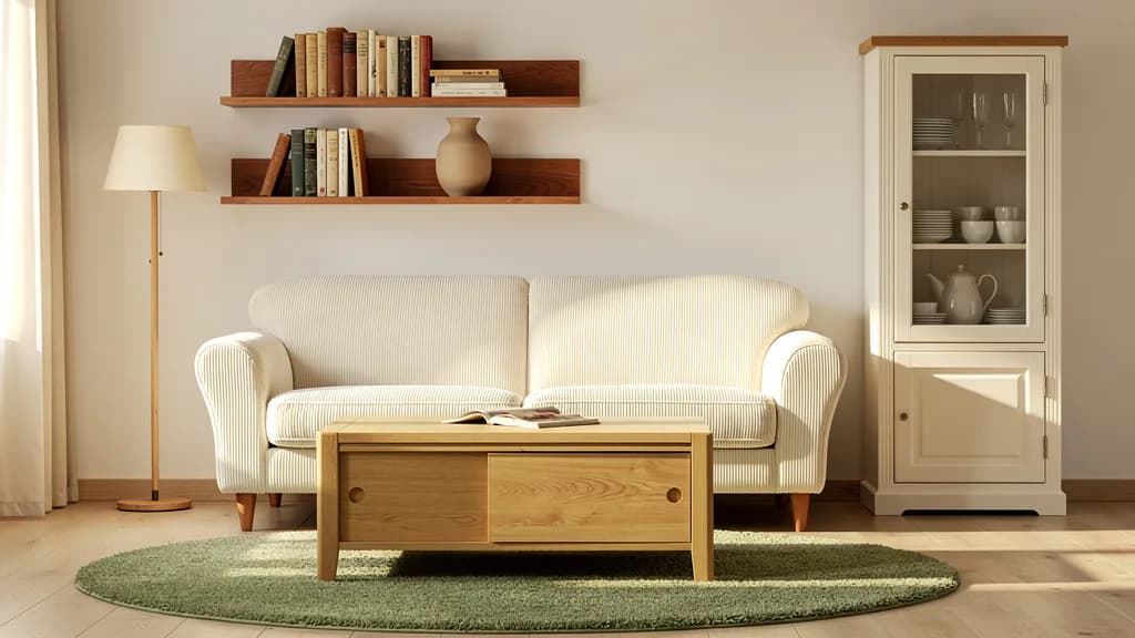 Landhaus-Wohnzimmer mit cremefarbenem Cord-Sofa, weißer Vitrine, grünem Wollteppich und hellem Holz-Couchtisch.