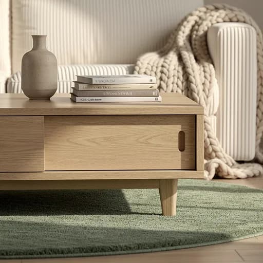 Heller Holz-Couchtisch mit Schiebetüren, Keramikvase und Büchern auf grünem Wollteppich vor dem Cord-Sofa.