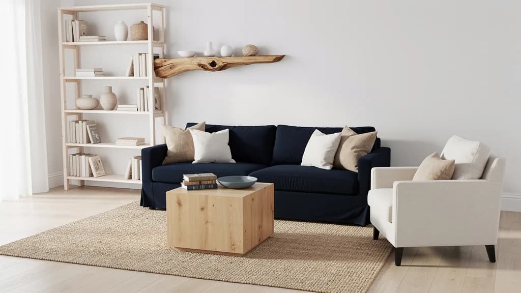 Maritimes Wohnzimmer mit marineblauem Sofa, cremefarbenem Sessel, Eichen-Couchtisch und weißem Kiefernregal auf Juteteppich.