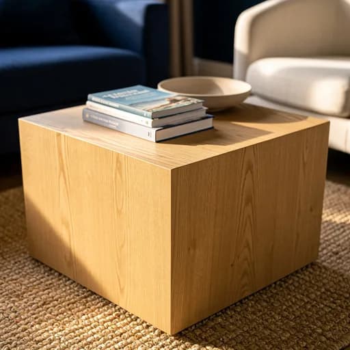 Eichen-Couchtisch mit Büchern und Keramikschale, dahinter marineblaues Sofa und cremefarbener Sessel.