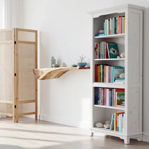 Weißes Kiefernregal mit Büchern und Muscheln neben einem Wandregal mit Baumkante und einem Paravent aus Naturholz.