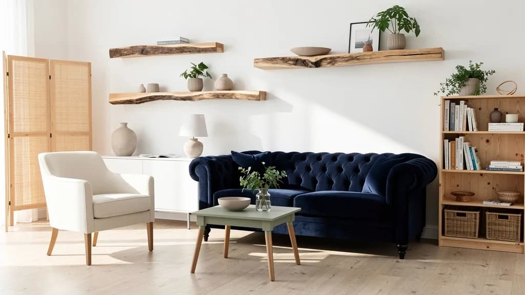 Maritimes Wohnzimmer mit dunkelblauem Chesterfield-Sofa, cremefarbenem Sessel, salbeigrünem Couchtisch und hellen Holzregalen vor weißer Wand.