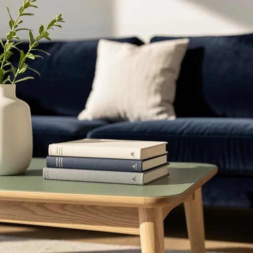 Salbeigrüner Eichen-Couchtisch mit gestapelten Büchern und Keramikvase vor dunkelblauem Samtsofa mit cremefarbenem Kissen.