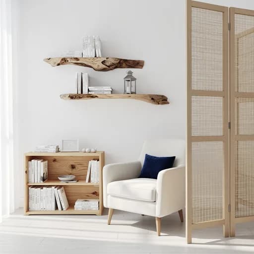 Gemütliche Leseecke mit cremefarbenem Sessel, blauem Kissen, hellem Kiefernregal, Massivholz-Wandregalen mit Laterne und einem Paravent aus Naturholz.
