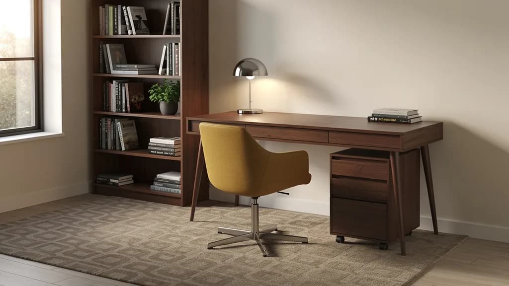 Mid-Century Modern Heim-Büro mit Nussbaum-Schreibtisch, senfgelbem Drehstuhl, offenem Bücherregal und taupefarbenem Teppich