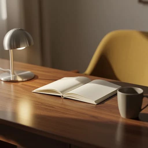 Detail im Mid-Century-Büro: Nussbaum-Schreibtischplatte mit silberner Pilzleuchte, aufgeschlagenem Notizbuch und Keramiktasse
