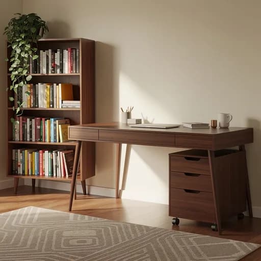 Offenes Nussbaum-Bücherregal mit Grünpflanze neben dem Schreibtisch, brauner Rollcontainer und gemusterter Teppich im Mid-Century-Büro