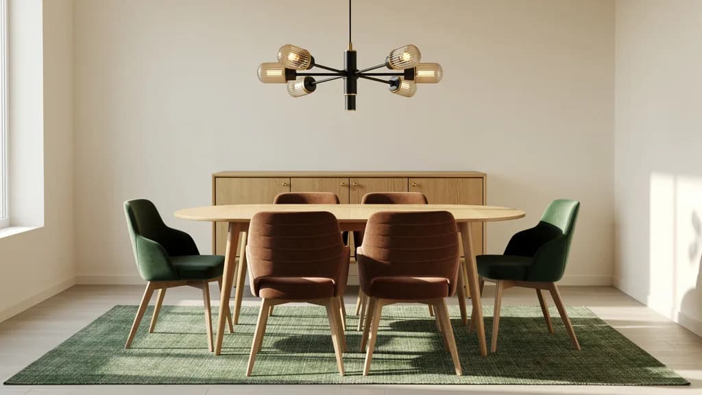 Mid-Century Esszimmer mit hellem Eichentisch, braunen und grünen Polsterstühlen, Eichen-Sideboard und schwarzer Pendelleuchte über grünem Teppich.
