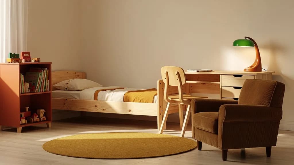Mid-Century Kinderzimmer mit niedrigem Kiefernbett, Terrakotta-Bücherregal, braunem Cord-Sessel und rundem senfgelbem Teppich.