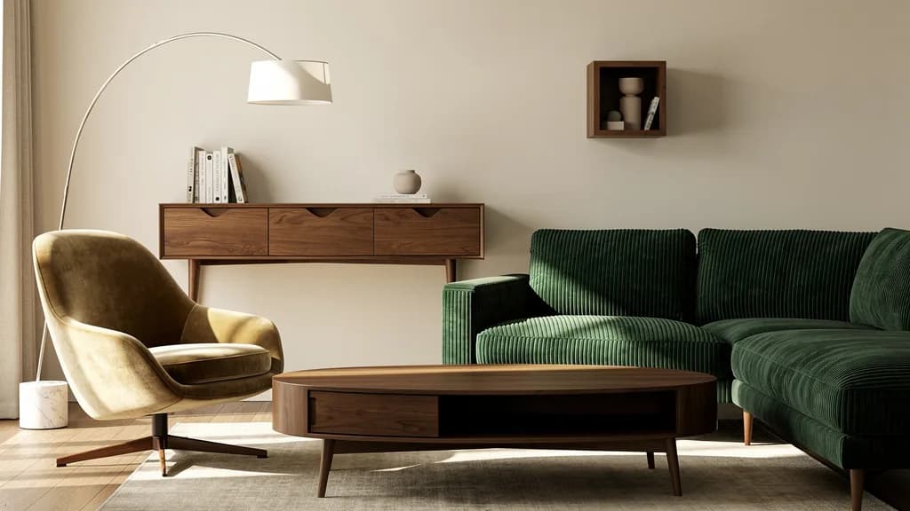 Mid-Century Wohnzimmer mit grünem Cord-Ecksofa, schwebendem Nussbaum-Lowboard, Bogenlampe und ovalem Couchtisch.