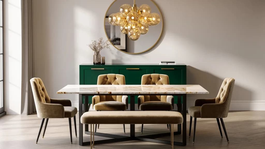Modern klassisches Esszimmer mit Marmortisch, beigen Samt-Chesterfield-Stühlen, grünem Sideboard und goldener Cluster-Pendelleuchte.