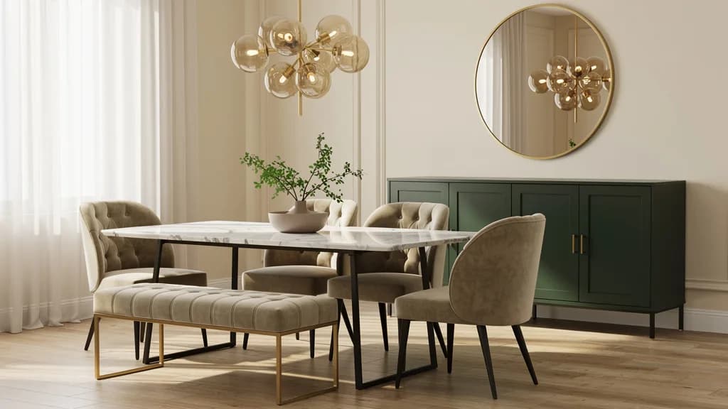 Modern-klassisches Esszimmer mit weißem Keramik-Marmortisch, beigen Samtstühlen, goldgerahmter Samtbank, grünem Sideboard, goldener Cluster-Pendelleuchte und rundem Goldspiegel.