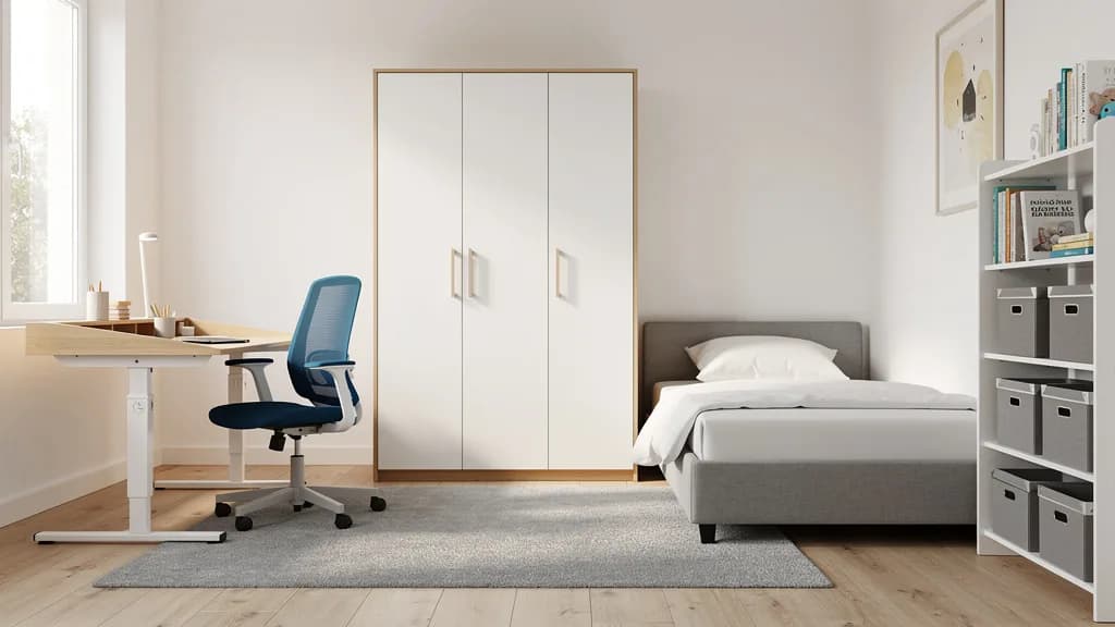 Modernes Kinderzimmer mit grauem Bett, weißem Kleiderschrank mit Eiche-Rahmen, höhenverstellbarem Schreibtisch, blauem Stuhl und weißem Regal.