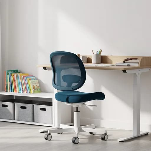 Höhenverstellbarer Kinderschreibtisch aus hellem Holz mit blauem Drehstuhl und weißem Regal mit Stoffboxen und Bilderbüchern.