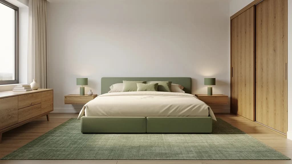Modernes Schlafzimmer mit salbeigrünem Polsterbett, zwei Eiche-Nachttischen mit grünen Leuchten und Eiche-Kleiderschrank vor weißer Wand.