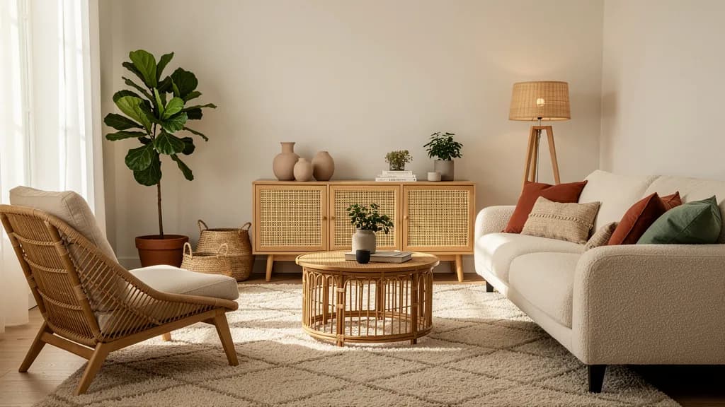 Skandi-Boho Wohnzimmer mit cremefarbenem Bouclé-Sofa, geflochtenem Rattansessel und honigfarbenem Rattan-Sideboard über beigem Hochflor-Teppich