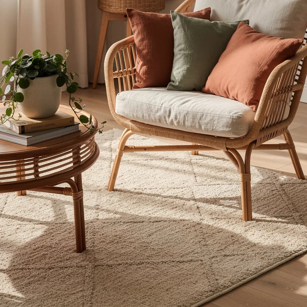 Gemütliche Leseecke mit geflochtenem Rattansessel, Terrakotta- und Salbeikissen und rundem Rattan-Couchtisch auf beigem Hochflor-Teppich