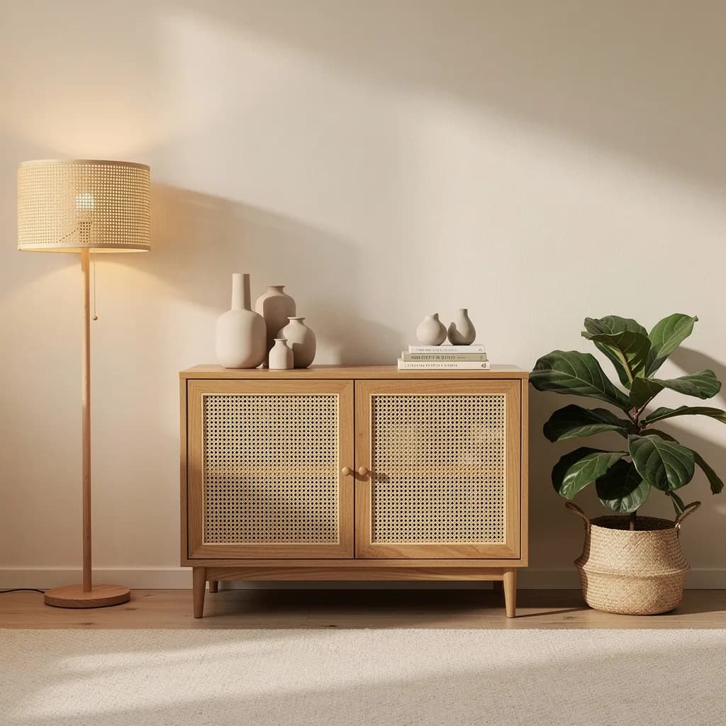 Honigfarbenes Sideboard mit Wiener Rattangeflecht, Rattan-Stehlampe und Grünpflanze im Korb vor cremefarbener Wand