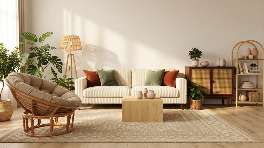 Helles Skandi-Boho Wohnzimmer mit cremefarbenem Sofa, rundem Rattansessel und Kommode mit Wiener Geflecht vor weißer Wand.
