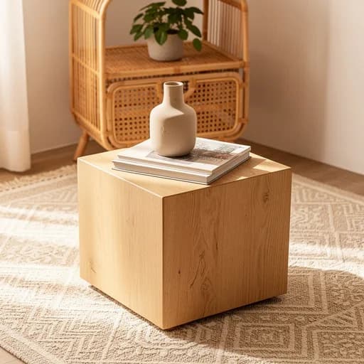Detail des Eichen-Couchtischs mit Büchern und Keramikvase auf einem Juteteppich, dahinter ein Rattanregal.