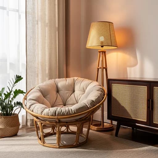Gemütliche Leseecke mit rundem Rattansessel, warmer Rattan-Stehleuchte und dunkler Kommode mit Wiener Geflecht.