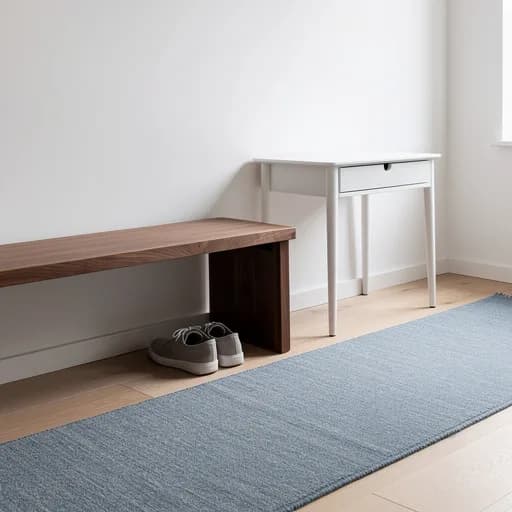 Braune Massivholzbank mit Schuhen darunter, weißer Telefontisch mit Schublade und blauer Wollläufer auf hellem Eichenboden.