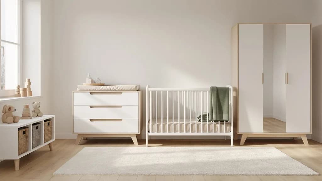 Helles skandinavisches Babyzimmer mit weißem Holzbett, weißer Wickelkommode, weißem Kleiderschrank mit Spiegeltür und niedrigem Regal mit Körben auf cremefarbenem Teppich.