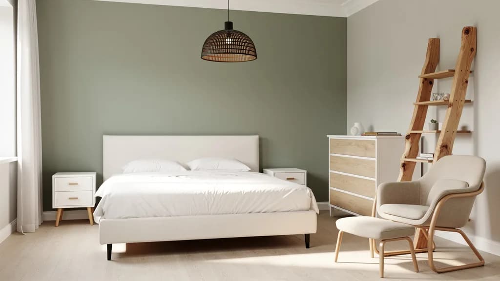 Skandinavisches Gästezimmer mit cremeweißem Polsterbett, salbeigrüner Wand, Eichenkommode und Kiefer-Leiterregal