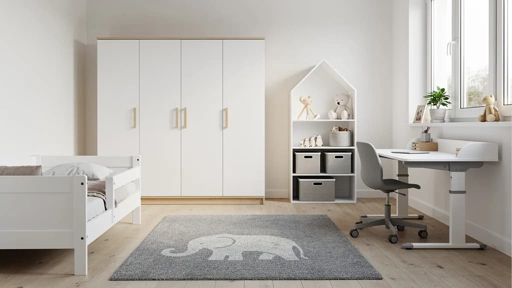 Helles skandinavisches Kinderzimmer mit weißem Massivholzbett, dreitürigem Schrank, Schreibtisch und grauem Elefantenteppich.