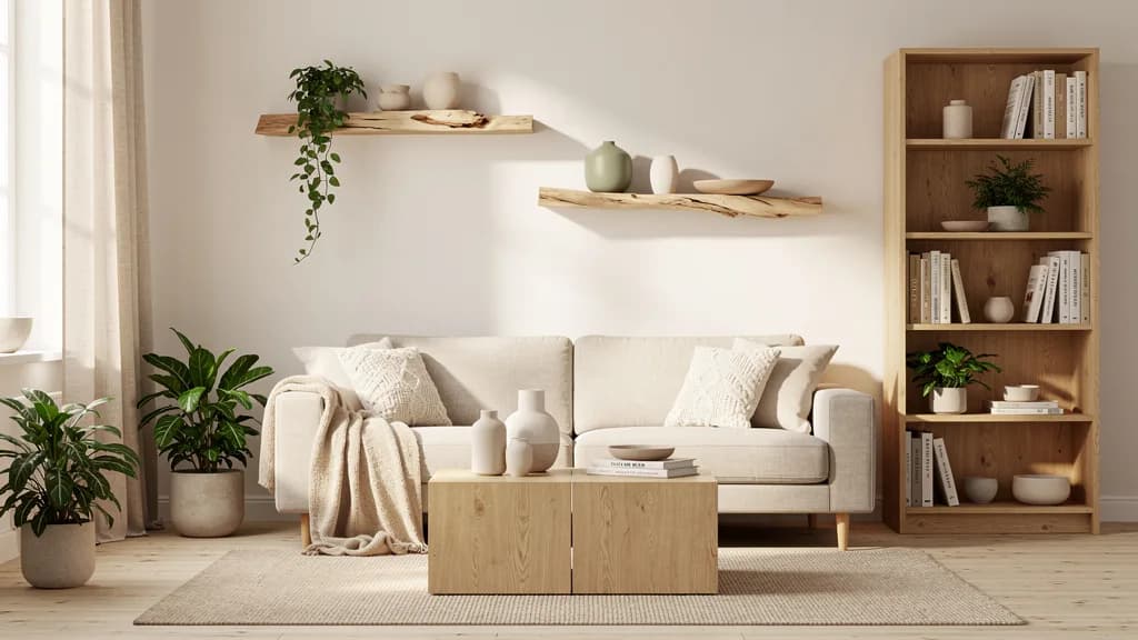 Helles skandinavisches Wohnzimmer mit beigem Stoffsofa, Eiche-Couchtisch, Kiefernregal und Wandboards mit Baumkante.