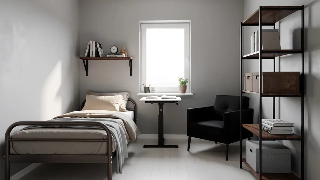 Studenten-WG-Zimmer im Industrial-Stil mit Metallbett, höhenverstellbarem Schreibtisch, offenem Regal als Raumteiler und schwarzem Loungesessel