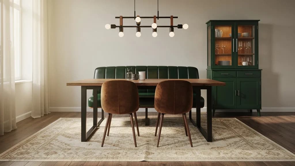 Vintage Esszimmer mit Massivholztisch auf schwarzem Metallgestell, grüner Lederbank, Samtstühlen und grünem Buffet.